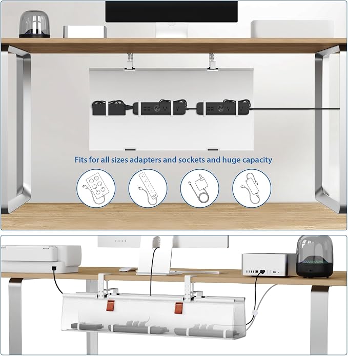 Zilink Under Desk Cable Management 30" No Drill Desk Cable Management Tray Clamp/Screw Mount Cable Tray Sturdy Waterproof Fabric Cord Organizer for Office, Home, White - Image 3