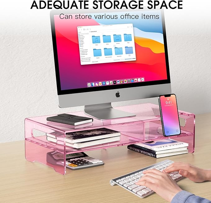 Pink Acrylic Monitor Riser, 2-Tier Desk Computer Stand With Storage & Phone Holder | Clear Computer Monitor Stand for Desk,Handheld Function Easy Mobility,16 in Wide for Laptop, Printer,Screen,Desktop Organizer - Image 3