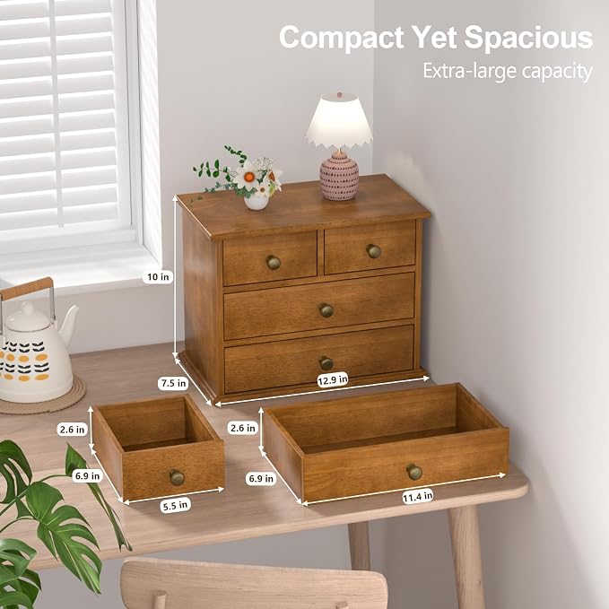 Oak Desk Organizer with Drawers, Durable Wooden Desktop Storage Box | 4 Drawer Tabletop Organizer with Metal Handles & Non-Slip Pads for Office, Bedroom, Bathroom, Vanity & Makeup Storage, Walnut - Image 2