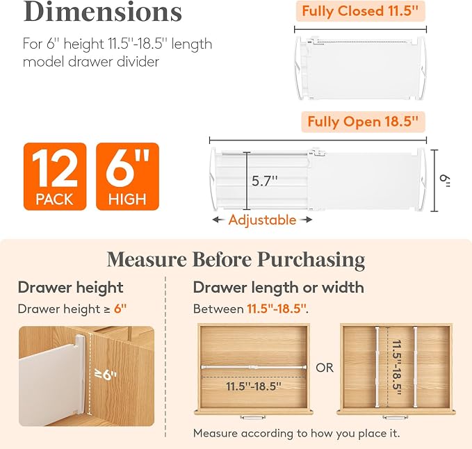 Lifewit 6" Tall Drawer Dividers, Adjustable Deep Drawer Organizer Clothes | 12 Pack 11.5"-18.5" Expandable White Plastic Separators for Dresser, Kitchen, Cabinet, Closet, Office Organization & Storage - Image 2