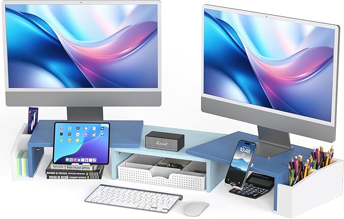 Simple Houseware Desk Dual Monitor Stand Riser with Drawer, Blue | Customizable Organizer Tray, Built-In Phone & Tablet Slot and Side Storage by SimpleHouseware