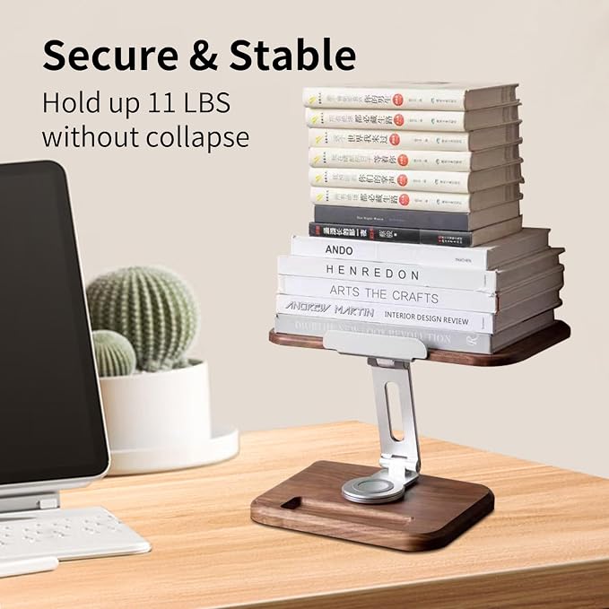 Book Stand for Reading, Mayhas Adjustable Book Holder with 360° Swivel Base&Page Clips, Foldable Desktop Stand for Cookbook, Fits All Books (Walnut, Wood Base) - Image 5