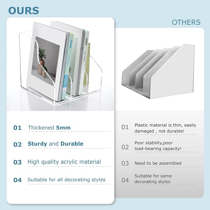 SANRUI 3 Slots Acrylic Magazine Holder, Desktop File Sorter Organizer Rack Bookshelf, Workspace Sorters Office Desk Accessories Organization Storage Stand, Clear - Image 3