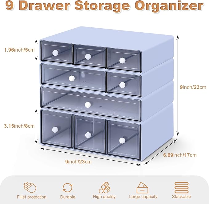 Desk Organizer with 9 Drawers, 4 Tier Plastic Stackable Storage Drawers for Desk Storage, Office Stationary Makeup Organizer Suit for Home Office and School - Image 2