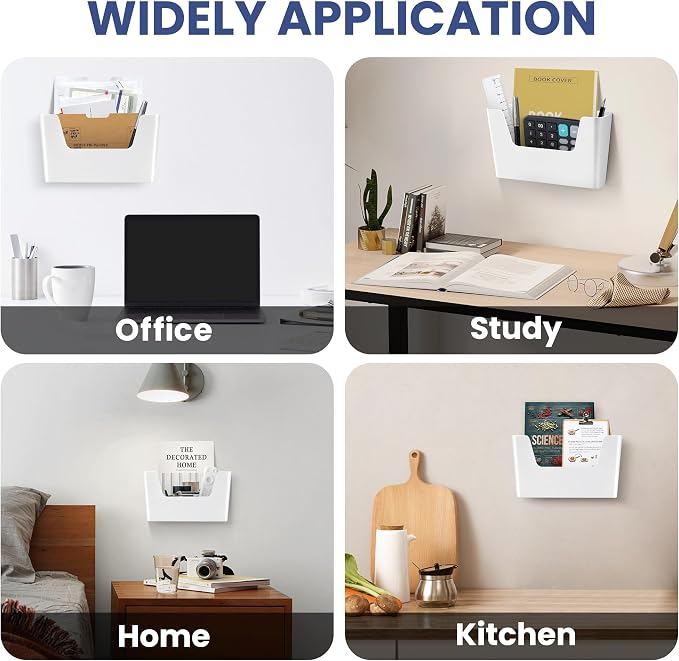 JOMOLA No Drilling File Holder 3 Pack Mail Organizer Wall Mount File Organizer Holder Office Wall Hanging Files Magazines Organizer Plastic Door Mount Wall Pocket with Adhesive Pad, White Color - Image 3