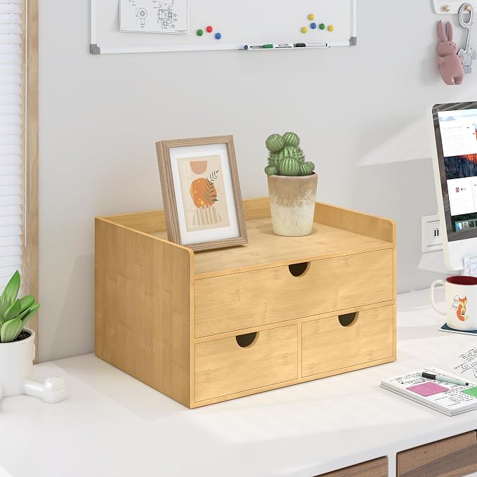 Bamboo Desk Drawer Organizer, Large Desktop Organizer with Drawers Tabletop Storage Organization Box for Office Home Toiletries Supplies Vanity, No Assembly Required (3 Drawer with Shelf) - Image 4