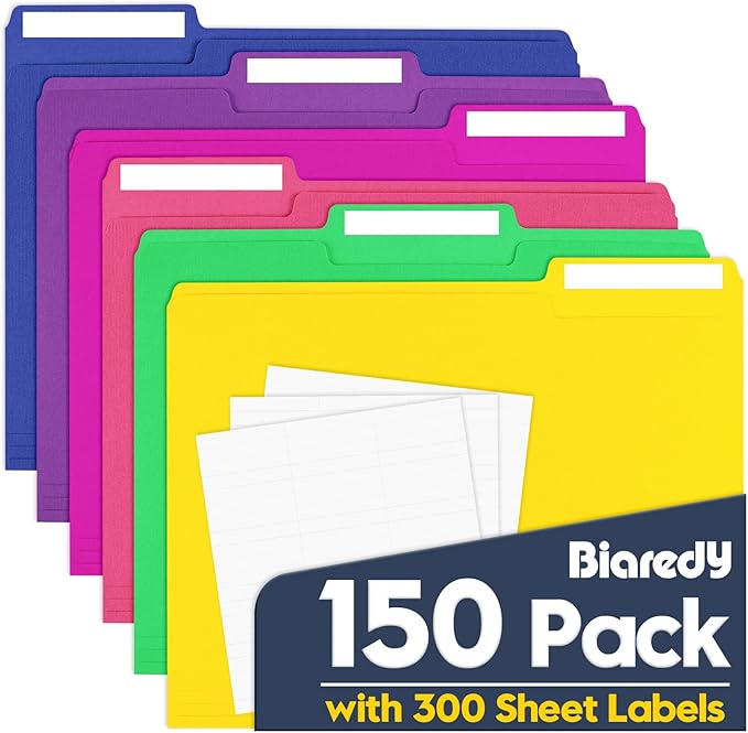 File Folders,150 Pack Colored File Folders Letter Size,8.5" x 11",1/3 Cut Tab Bulk Durable Paper Folders with Blank Labels,Assorted 6 Colors Folders for Office Business School Home Use by Unknown