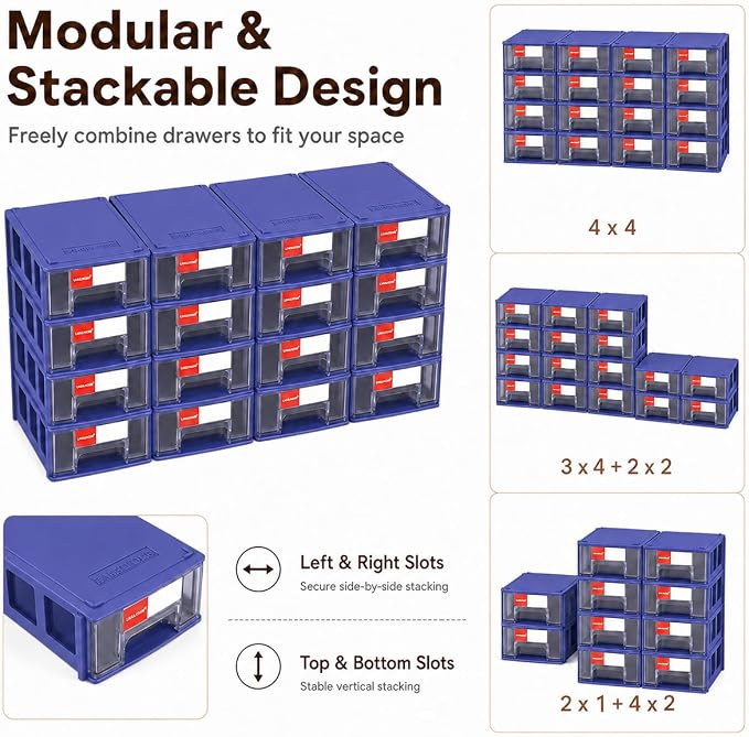 16pc Stackable Plastic Storage Drawers Mini Desk Organizer Blue | Versatile mini desktop storage box 5.5x3.4x1.6", perfect for garage, home, school and office craft organization. - Image 2