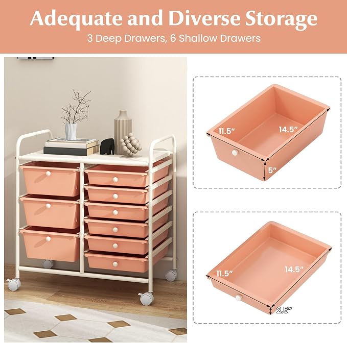 Moccha 9-Drawer Rolling Storage Cart - Under Desk Storage Drawers with wheels for Craft Art Supply Paper Salon, Scrapbook Paper Tools, Mobile Utility Cart for Classroom, Peach - Image 4