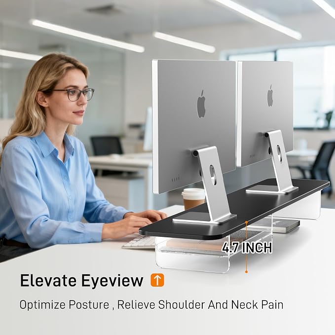 AFOOYO Large Dual Monitor Stand For Desk,43 Inch Desktop Computer Riser with Felt Drawer Acrylic Legs Desk Shelf Organizer For Computer/Laptop/PC/Printer/TV - Image 5
