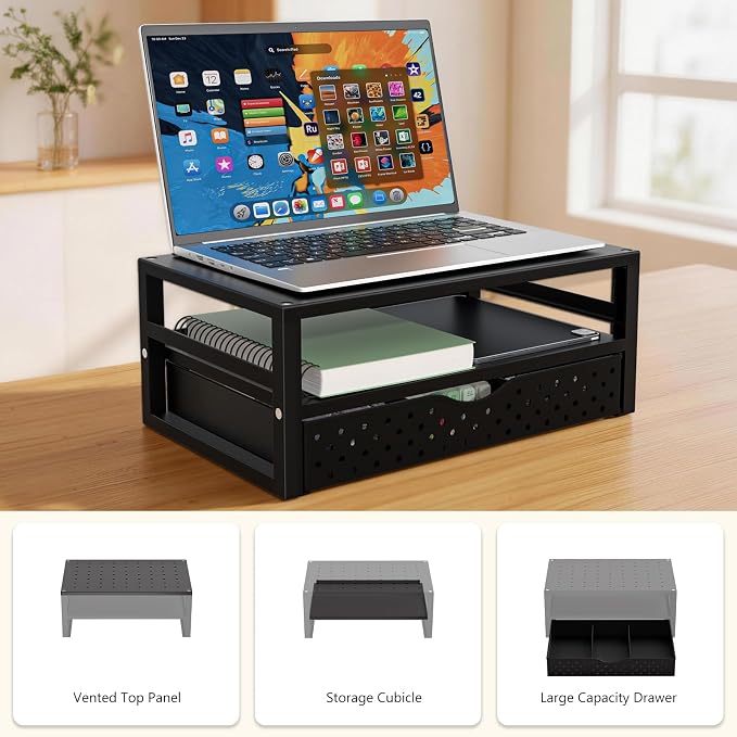 WALI Monitor Stand Riser with Drawer, Desk Organizers and Accessories for Computer, Printer, Laptop Stand for Home Office Supplies, (PTT005-B), 1 Pack, Black - Image 7
