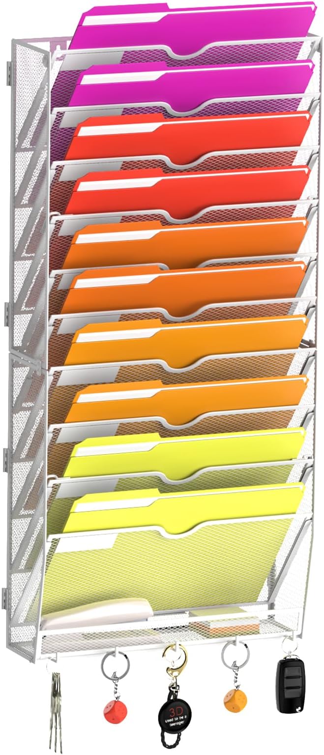 11-Tier Wall File Organizer with Base and Hooks, Hanging Organizer, White | Wall Organizer and Wall File Holder with 11 Vertical Pockets and Bottom Tray for Files, Mail, Folders, Magazines and Paper by JMHUD