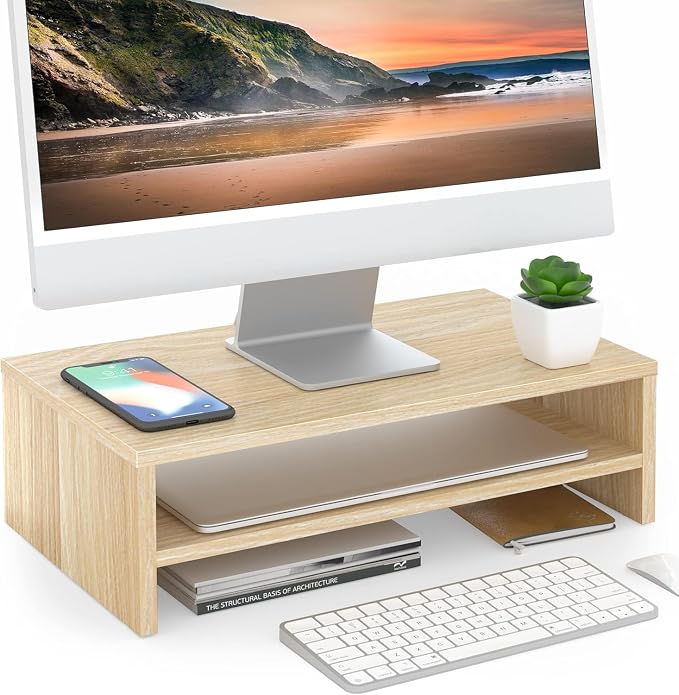 FITUEYES Wooden Monitor Stand Riser, 2-Tier Desk Storage Shelf, Oak | 16.7-Inch Desktop Organizer Fits Laptop, Computer Screen and Office Supplies by FITUEYES