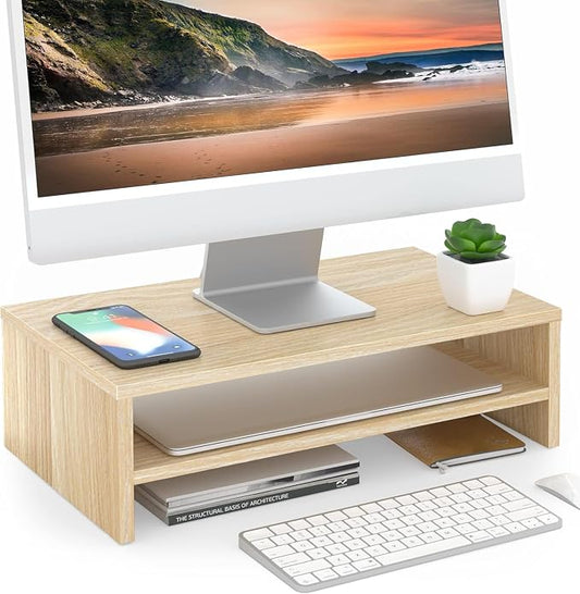 FITUEYES Wooden Monitor Stand Riser, 2-Tier Desk Storage Shelf, Oak | 16.7-Inch Desktop Organizer Fits Laptop, Computer Screen and Office Supplies by FITUEYES