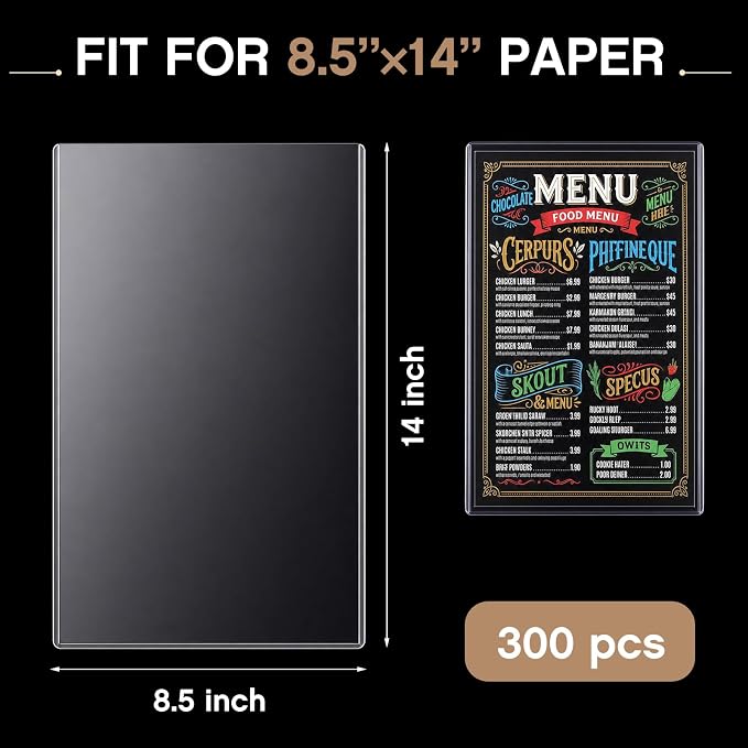 300 Pcs 8.5" x 14" Clear Plastic Menu Sleeves Covers Legal Size for Restaurant Menu Protector, 8.5" x 14" Rigid Print Protectors, Clear Hard Plastic Protective Sleeves Covers - Image 2