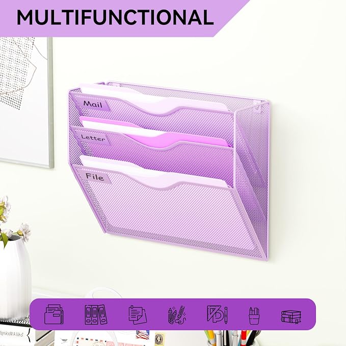 3 Pockets Hanging Wall File Organizer Mail Holder, Wall Mounted Paper Document Folder Holder, Clipboard Storage Organization Magazine Rack, Light Purple - Image 6