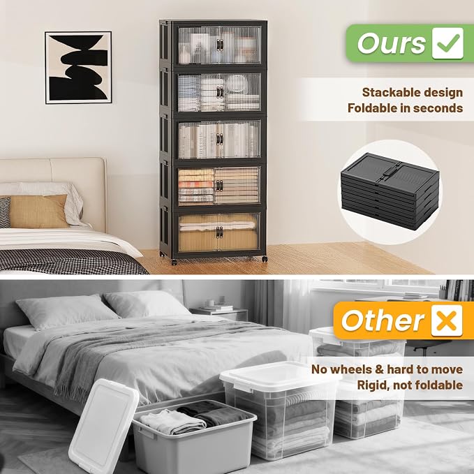 SAILUN 175Qt Stackable Storage Bins,Storage Cabinet with a Lid,5 Pack Black | Stackable Storage Drawers with Lids,18" W x 11" D x 51" H,Featuring open-front Access for Clothes and Closet Storage - Image 2
