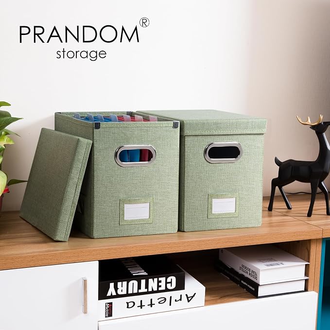 File Organizer Box - Set of 2 Collapsible Decorative Linen Filing Storage Hanging File Folders with Lids Office Cabinet Letter Size Green (14x9.3x10.8 inch) - Image 2