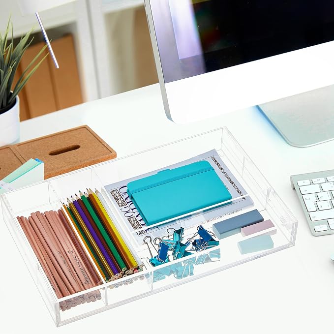 Briwooody Clear Acrylic Drawer Organizer Expandable,7 Compartments,Large | 9'' up to 18'' x 12'' x 2.1'' Desk Drawer Organizer Trays Adjustable with Desk Accessories for Makeup Office Bathroom - Image 6