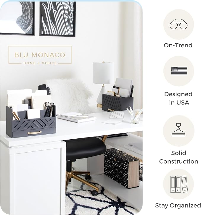 BLU MONACO | Wooden Mail Organizer with Drawer Gold Handle | Mail Sorter Organizer Countertop and Outgoing Mail Holder | Tabletop Organizer with Drawers Grey Desk Storage - Image 5