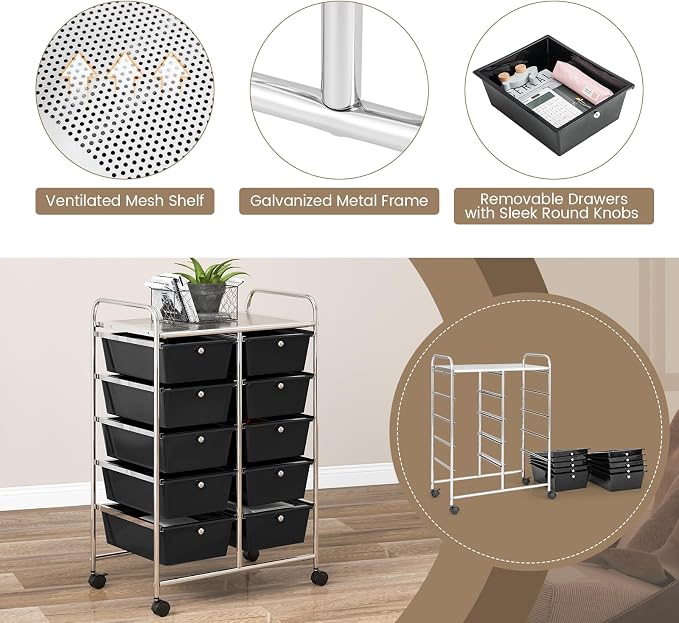 COSTWAY 10 Drawer Rolling Storage Cart, Utility Cart with Lockable Wheels | Mobile Art Supply Craft Organizer with Metal Frame, Multipurpose Drawer Cart for Paper for Office, School, Black - Image 7