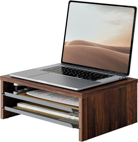 Fenge 14.3-Inch Monitor Stand with Slide-Out Trays, Wood & Metal Desk Shelf | 3-Tier Space-Saving Desk Storage Organizer, Fits Computer, Laptop, Printer and Telephone by Fenge