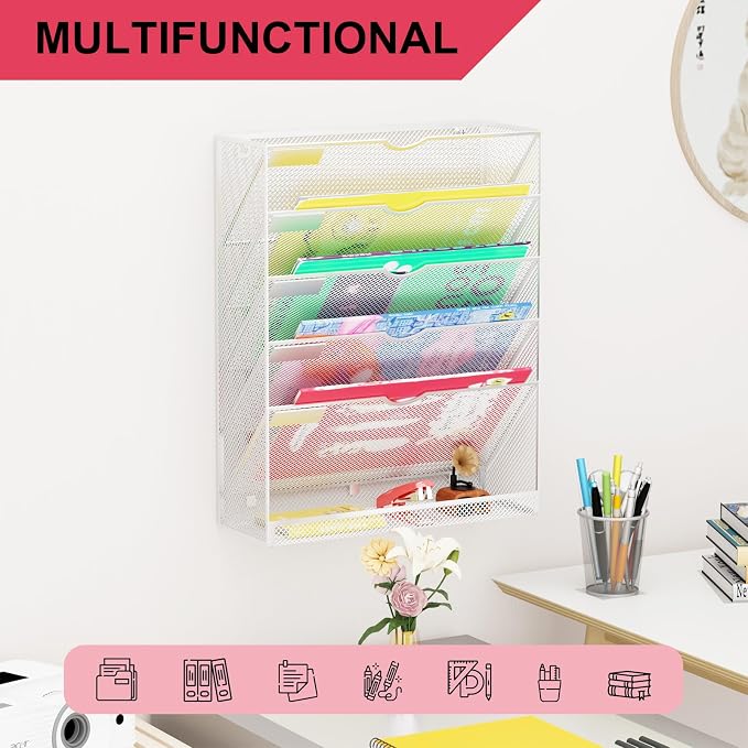 Hanging Wall File Organizer 6 Tier Wall Mounted File Holder Document Wall Organizer Magazine Organization for Office Home, Silver - Image 6