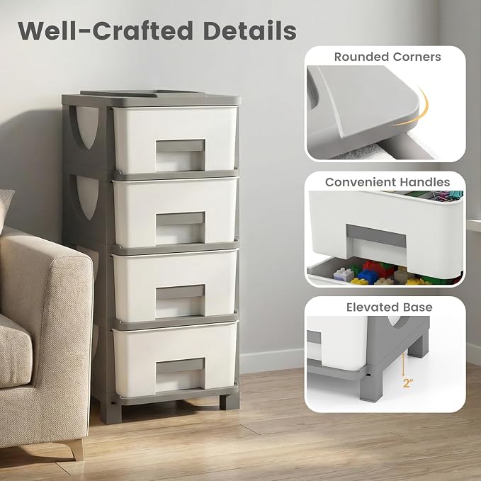 Giantex 2 Pack 4-Drawer Storage Organizer, Plastic Storage Tower with Drawers, Multi-Purpose Container Box for Office, Bathroom Living Room, White+Grey - Image 7