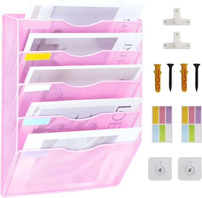 5 Pockets Mesh Wall File Holder Organizer Office Hanging File Folder Magazine Rack, Nametag Label Hooks Set Included (Pink) by ideallife