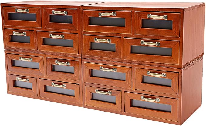 4Pcs Vintage Wooden Storage Cabinet,16 Drawer Wooden Multi Drawer Storage Organizer with Clear Windows Storage Box, Apothecary Cabinet for Files, Books, Letters, Papers by HuidTews