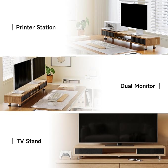 Fenge Dual Monitor Stand with Storage, Desk Shelf with Glass Sliding Door | Ergonomic Height Adjustment, 42.5in Monitor Shelf, 2-Tier Monitor Riser, Desk Organizer for Screen, PC, Laptop, Dark Oak - Image 6
