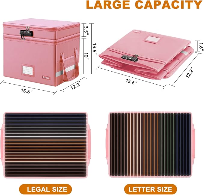 DocSafe File Box with Lock,Multi-Layer Fireproof Document Box Collapsible File Storage Organizer with Pockets/Handle,Large Portable Home Office Filing Safe for Hanging Letter/Legal Size Folders,Pink - Image 6