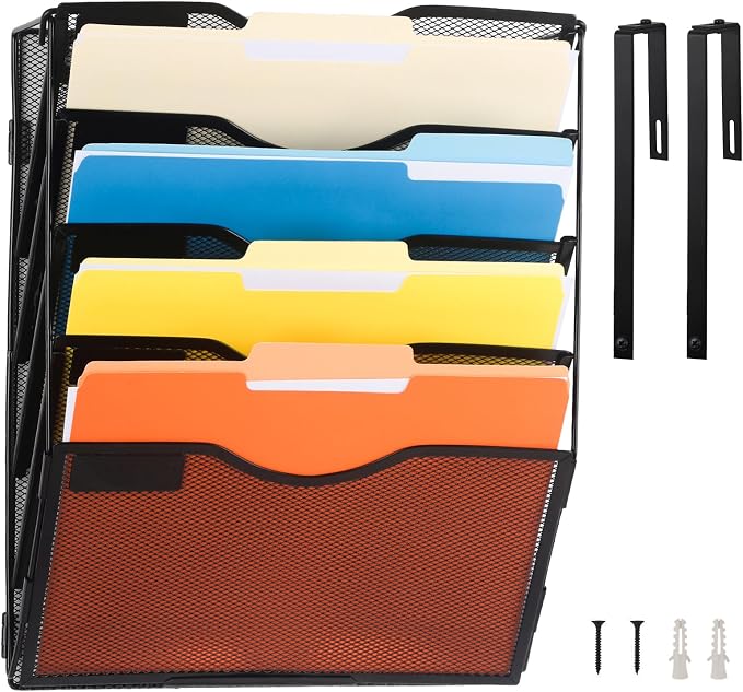 5 Pocket Mesh Hanging Wall File Organizer with Hangers & Nametag Label, Wall Mounted Mail Paper Document Folder Holder, Clipboard Storage Organization Magazine Rack for Office Cubicle, Black by EASEPRES