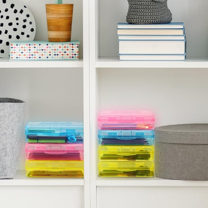 Leelosp 12 Pack Clear Pencil Boxes for School Bulk, Large Plastic Pencil Case with Lid, Stackable Hard Crayon Storage Box for Classroom Kids, Desk Drawer Organizer for Office Home(Pink Yellow Blue) - Image 5