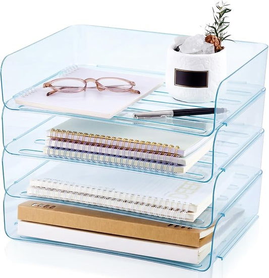 Harloon 4 Tier Clear Blue Acrylic Paper Organizer Letter Tray, Aesthetic Stackable Desk File Organizer Paper Holder Office Tray for A4, Modern Classroom Office Home File Pad Books Notes by Muasung