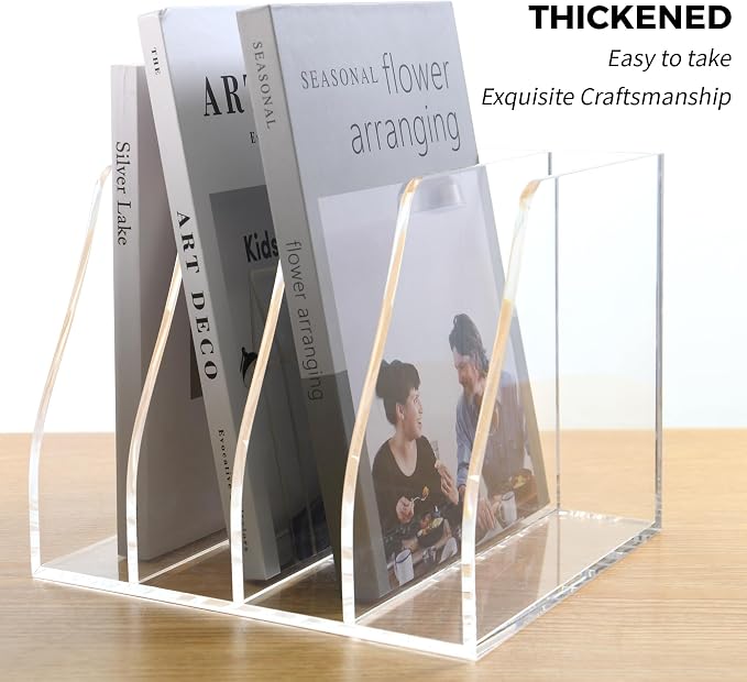 Acrylic Magazine File Holder, 4 Vertical Compartments Desk Document Sorter Organizer, Clear Folder Rack Binder for Office/Home/Classroom, for Documents, Tablet, Magazines, Books & Accessories - Image 4
