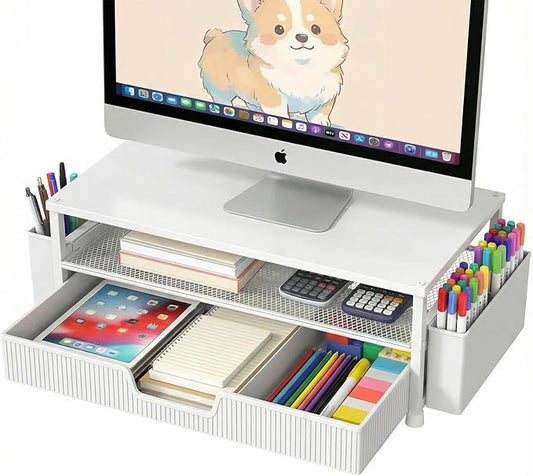 ECOLOVI Desk Organizer and Accessories, 2-Tier Computer Monitor Stand Rise with Storage Drawer & 2 Pen Holders, Laptop & Printer Stand for Desktop, Workspace Organizers for Office Supplies (White) by ECOLOVI