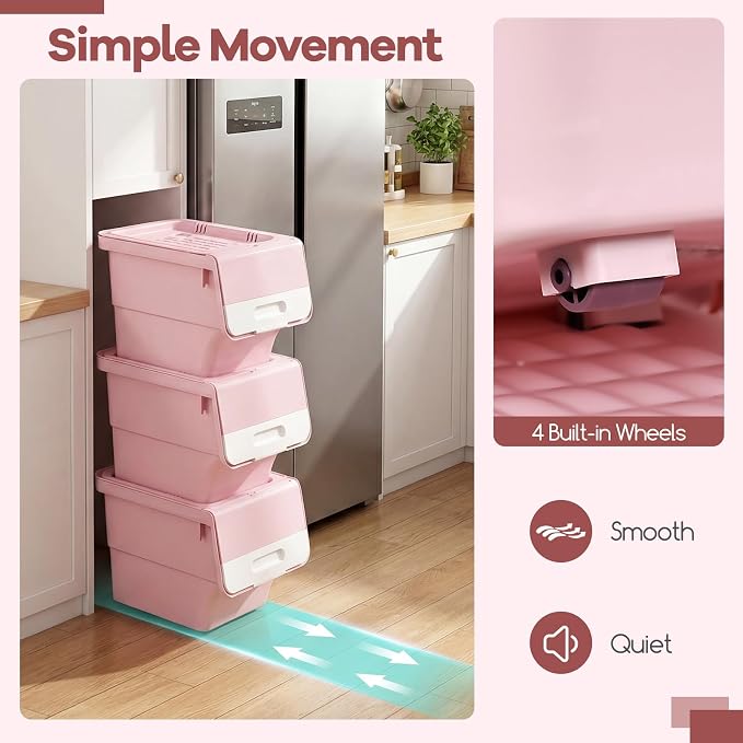 GIANTEX 3 Pack Plastic Stackable Storage Bins with Lids & Wheels, 12.5 QT | Open Front Stacking Bins, Organizer Bins for Pantry, Kitchen, Laundry, Closet, Playroom, Bedroom Organization - Image 7