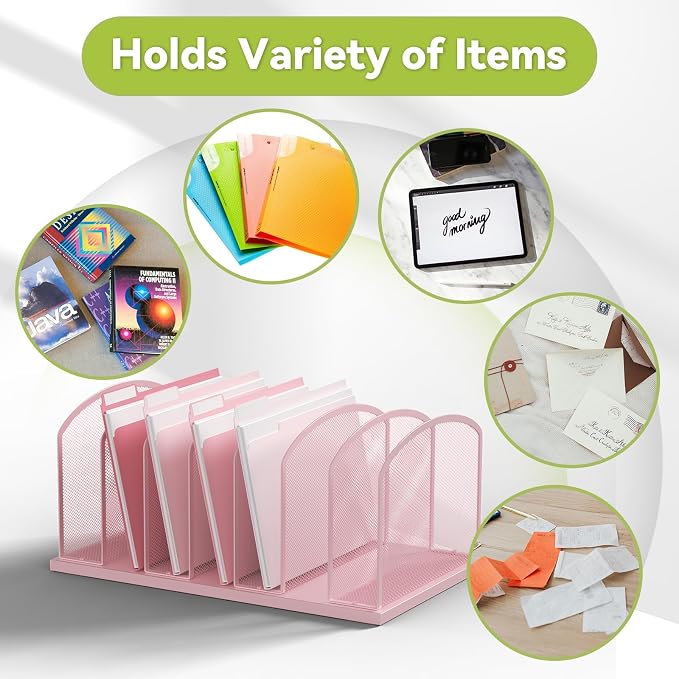 Desk File Organizer Vertical 7 Sections Mesh File Sorter Paper Storage Organizer for Desk, Office Organization File Holder Rack,Pink - Image 5
