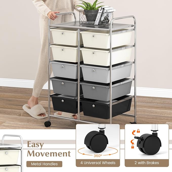 COSTWAY 10 Drawer Rolling Storage Cart, Utility Cart with Lockable Wheels | Mobile Art Supply Craft Organizer with Metal Frame, Multipurpose Drawer Cart for Paper for Office, School, Gray Gradient - Image 5