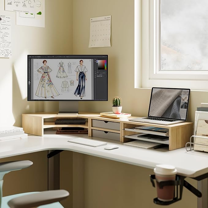 Fenge Dual Monitor Stand, Corner Desk Shelf with Drawer & Slide-Out Tray | Modular Design for Flexible Layouts, 2-Tier Storage Desktop Organizer for Computer, Laptop, Printer and Telephone - Image 2