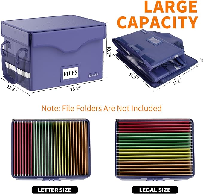 DocSafe 5200°F Fireproof Document Box with Lock,Heat Insulated File Organizer Storage with Pockets,Collapsible Portable Home Office File Safe Box with Handle for Hanging Letter/Legal Folders, Blue - Image 8