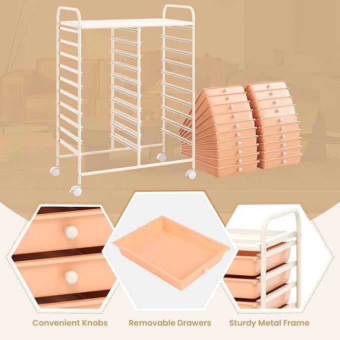 GOFLAME 20-Drawer Rolling Storage Cart, Multifunctional Art Craft Organizer Cart, Mobile Utility Storage Cart with Removable Drawers & Lockable Wheels, Craft Cart for Home Office, Peach Fuzz - Image 6
