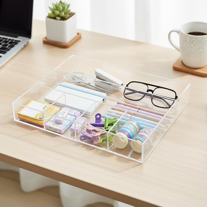 Large Acrylic Desk Deep Drawer Organizer with Adjustable Dividers, Anti-skip Clear Desk Top Junk Drawer Storage Tray for Pens, Desktop, Office, Bathroom, Kitchen, Makeup Supplies(6 Compartments) - Image 5