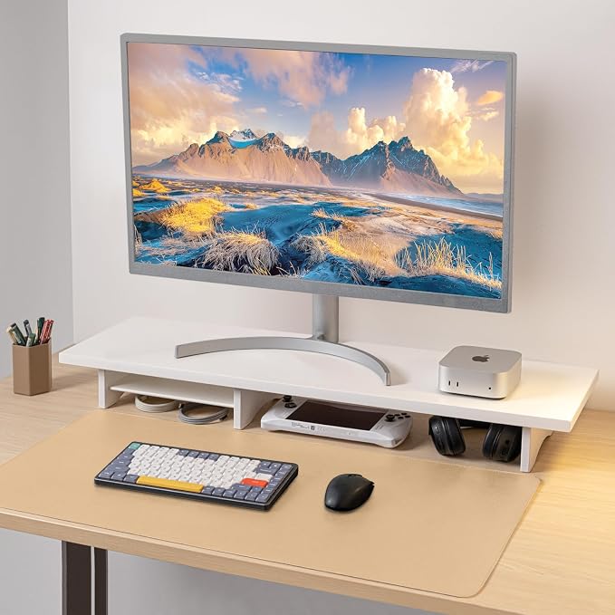Bamboo Dual Monitor Stand Riser, 2-Tier Desk Shelf with Storage | 39.37-Inch Wide, 300 lbs Capacity, Removable Shelf for Monitors, Printer or TV in Home office, White - Image 7