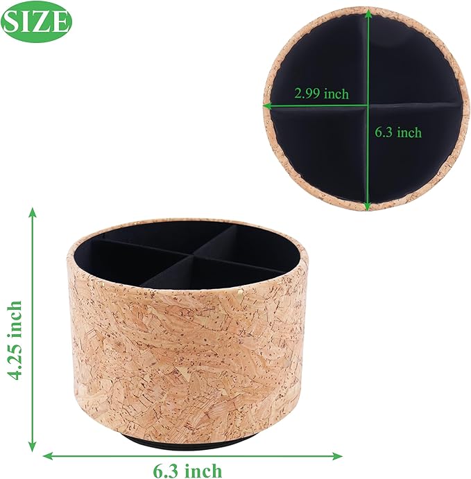 Round Leather Art Supply Organizer,Remote Control Holder,360 Degree Spinning,Multi-Functional Pencil Holder,4 Compartments Desktop Stationary Organizer(1-Wood Leather Gold)