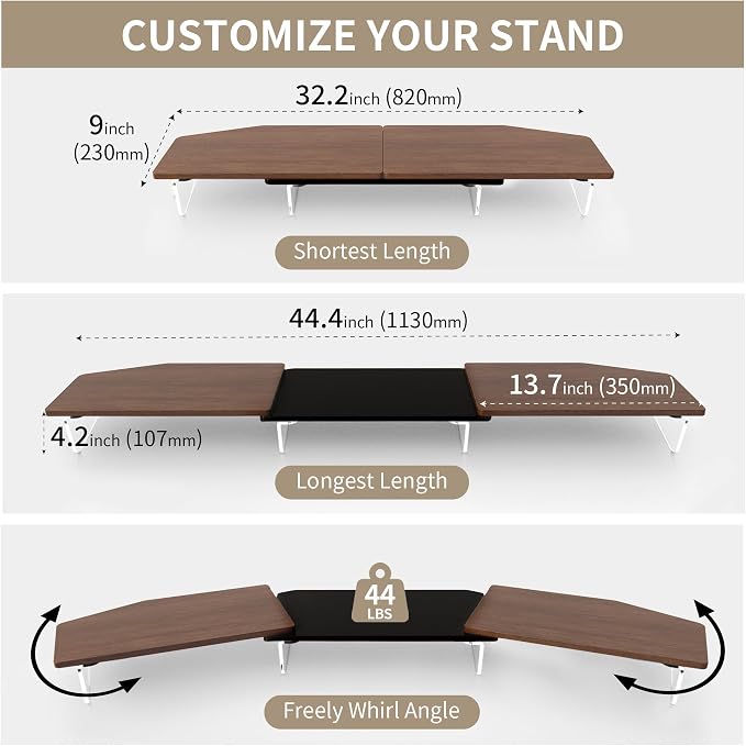AFOOYO LED Dual Monitor Stand Riser for 2 Monitors,Office Desktop Wooden Stand Adjustable Length and Angle 3 Shelf,Extra Long Multifunctional Stand up to 44.4" for Computer,Laptop,TV,Walnut Finish - Image 7