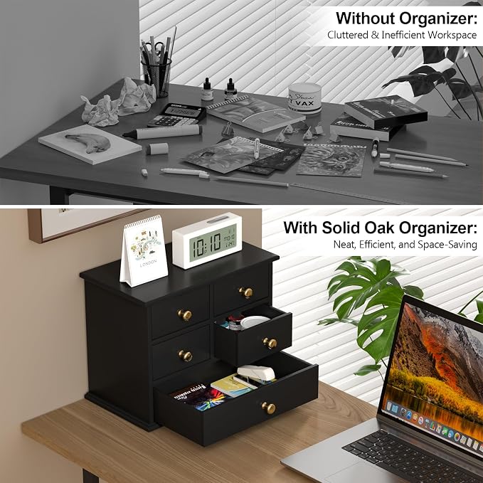Oak Desk Organizer with Drawers, Durable Wooden Desktop Storage Box | 5 Drawer Tabletop Organizer with Metal Handles & Non-Slip Pads for Office, Bedroom, Bathroom, Vanity & Makeup Storage, Black - Image 5