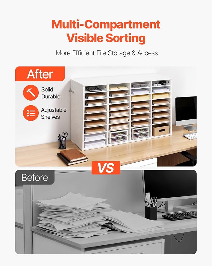 VEVOR Literature Organizer, 36 Compartments Office Mailbox with Detachable Shelves, Wooden Mailbox Sorter with Particle Board, Countertop Office Home Storage Organizer for File, Document, Paper, White - Image 2