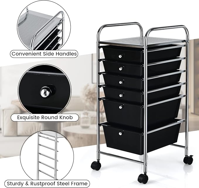 COSTWAY 6-Drawer Rolling Storage Cart, Art Craft Tools Organizer on Wheels | Multifunctional Heavy Duty Utility Mobile Storage Trolley w/ 2 Lockable Wheels for Home Office School (Black) - Image 6